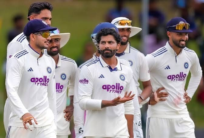 India tighten grip as Sri Lanka slip to 216/7 at tea  Sonal Dinusha (52) and Keshara Nuwantha (13) were batting at the break, with Sri Lanka trailing India by 287 runs. India's Ravindra Jadeja, second left, celebrates with teammates after taking the wicke