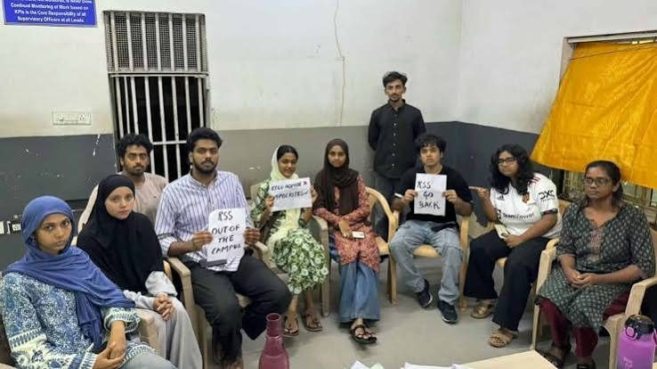 Students protest against  Rashtriya Swayamsevak Sangh talk session at Hyderabad’s EFLU.